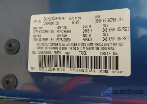 2006 Dodge Ram 1500 St/Slt z USA, uszkodzony, nr VIN 1D7HU18N06J168839